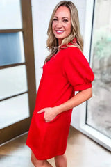 Fiery Red V Neck Puff Sleeve Textured Mini Dress - Femstylo