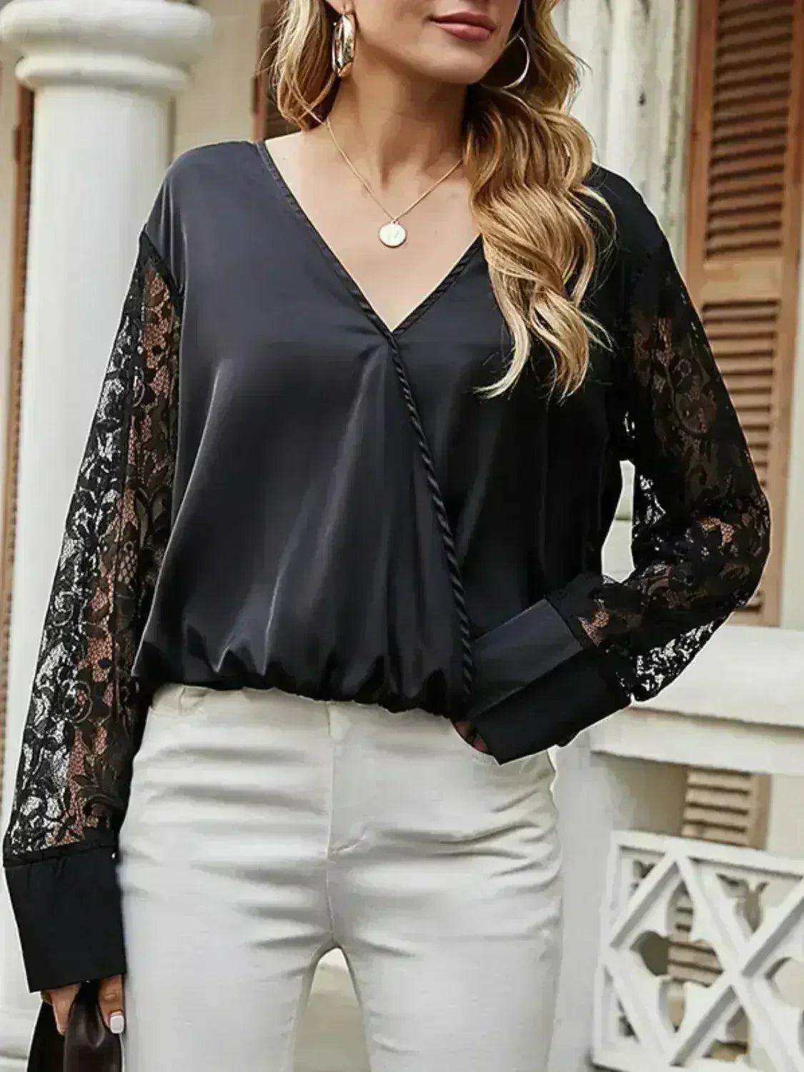 Black Surplice Lace Long Sleeve Blouse | Femstylo - Femstylo