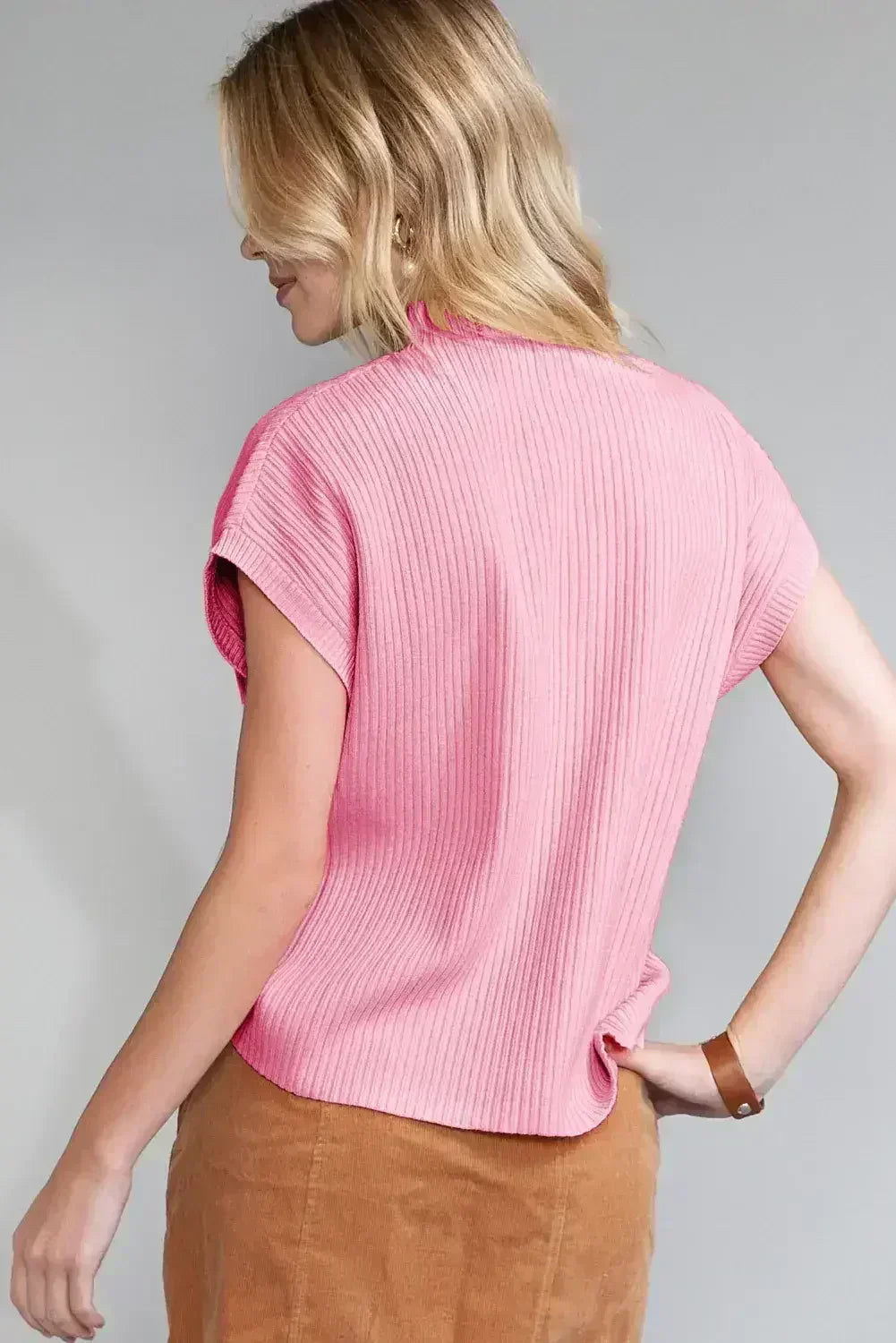 Mineral Red Patch Pocket Ribbed Knit Short Sleeve Sweater - Femstylo