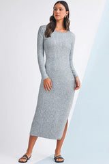 Gray Round Neck Slim Fit Slit Knit Midi Dress