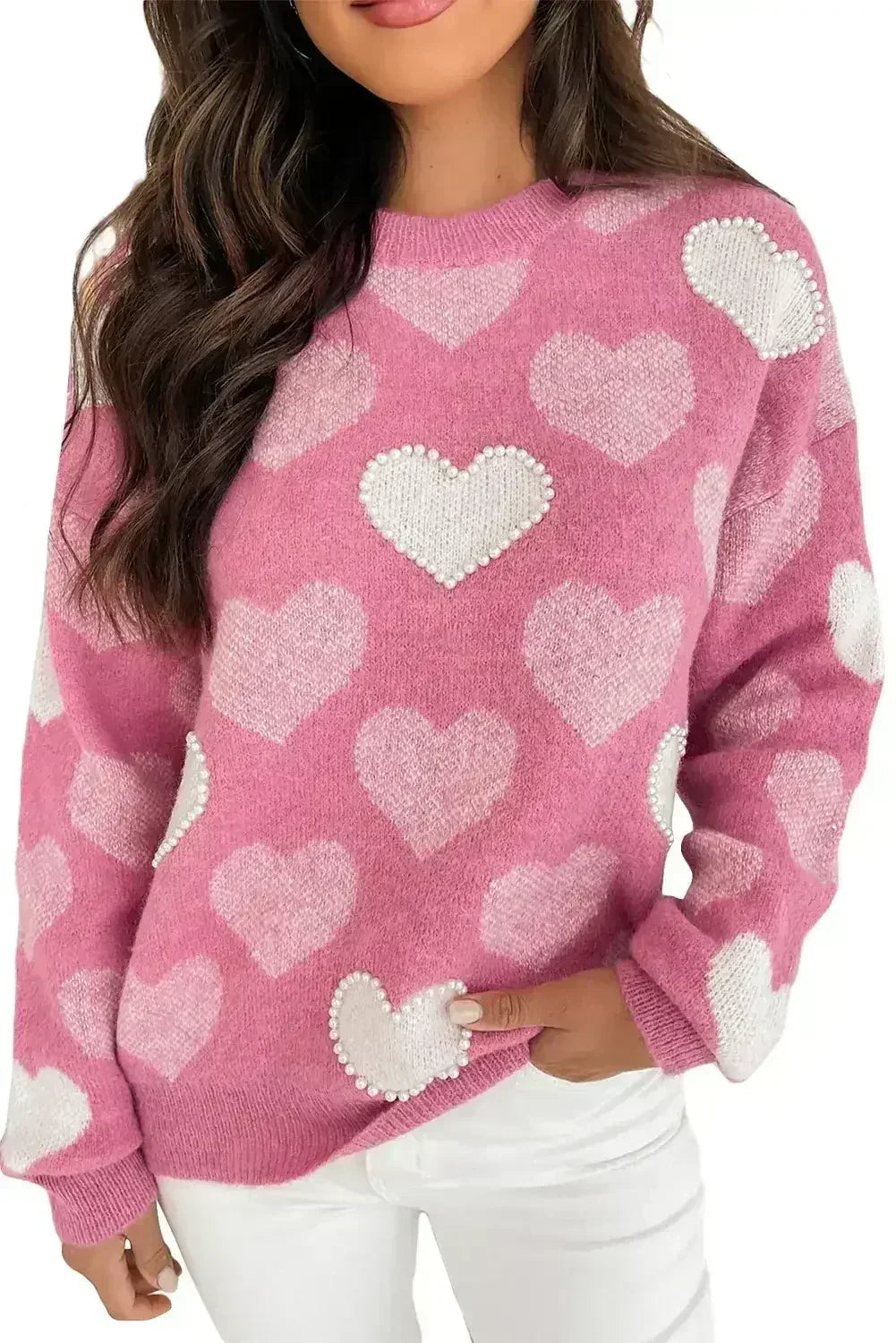 Pink Pearl Heart Print Valentines Crew Neck Sweater - Femstylo