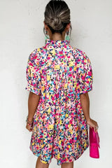 Pink Floral Puff Short Sleeve V Neck Mini Dress - Femstylo