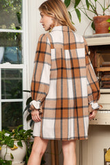 Khaki Plaid Pattern Collared Neck Ruffled Sleeve Shirt Dress