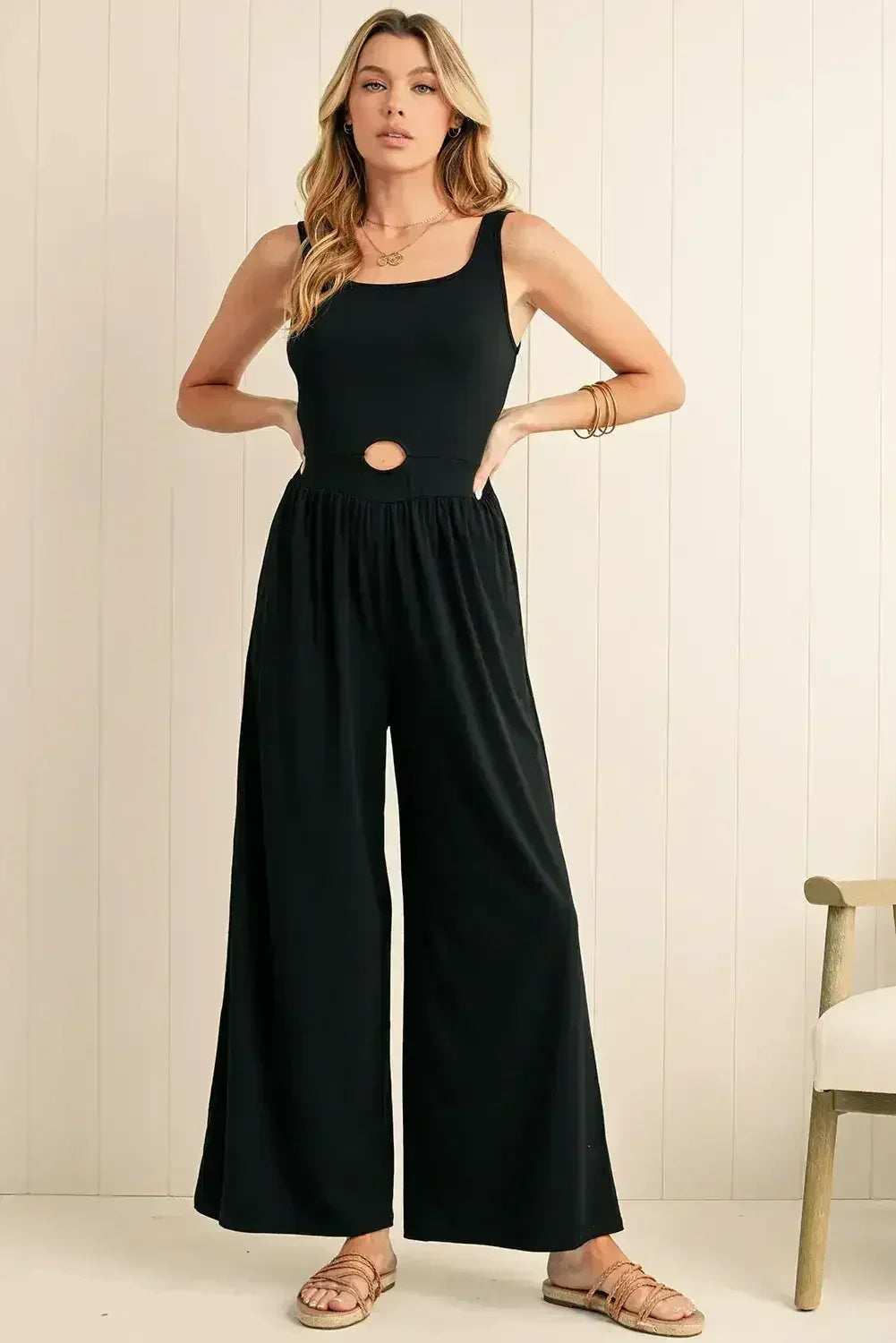 Black Solid Color Cutout Wide Leg Jumpsuit - Femstylo