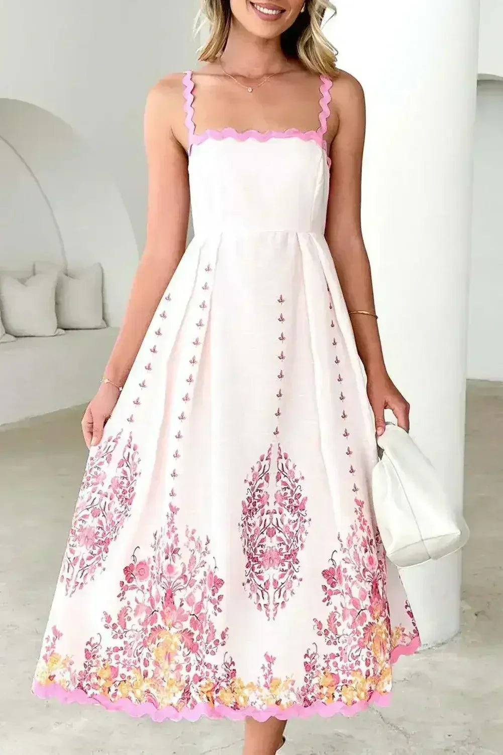 Pink Floral Ric Rac Spaghetti Strap Backless Dress - Femstylo