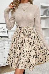 Beige Ribbed Knit Belted A-line Dress with Patchwork Print - Femstylo