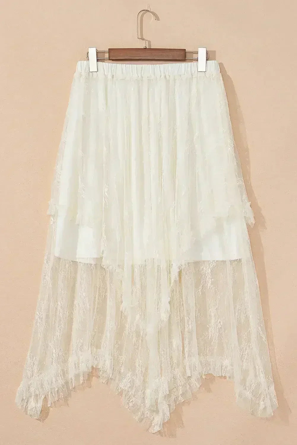 Beige Lace Cascading Tiered High Waist Maxi Skirt - Femstylo