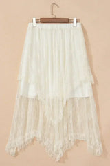 Beige Lace Cascading Tiered High Waist Maxi Skirt - Femstylo