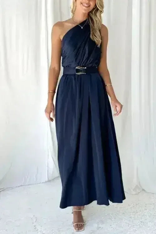 Ruched Single Shoulder Sleeveless Dress - Femstylo