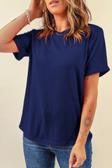 Blue Solid Color Basic Crew Neck Plain Tee