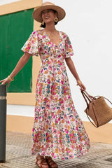 Red Floral Short Sleeve V Neck High Waist Maxi Dress - Femstylo