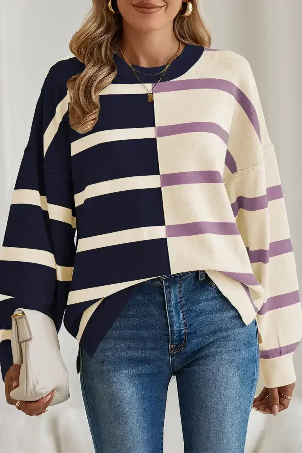 Pink Striped Patchwork Drop Shoulder Sweater - Femstylo