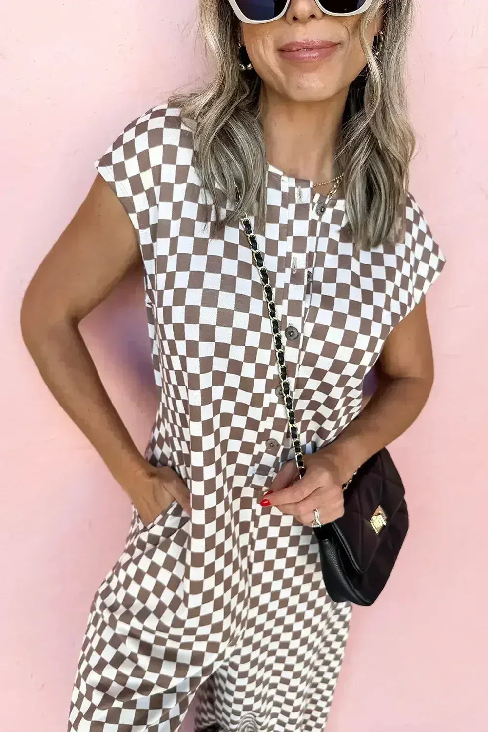 Khaki Checkered Print Buttoned Crew Neck Wide Leg Jumpsuit - Femstylo