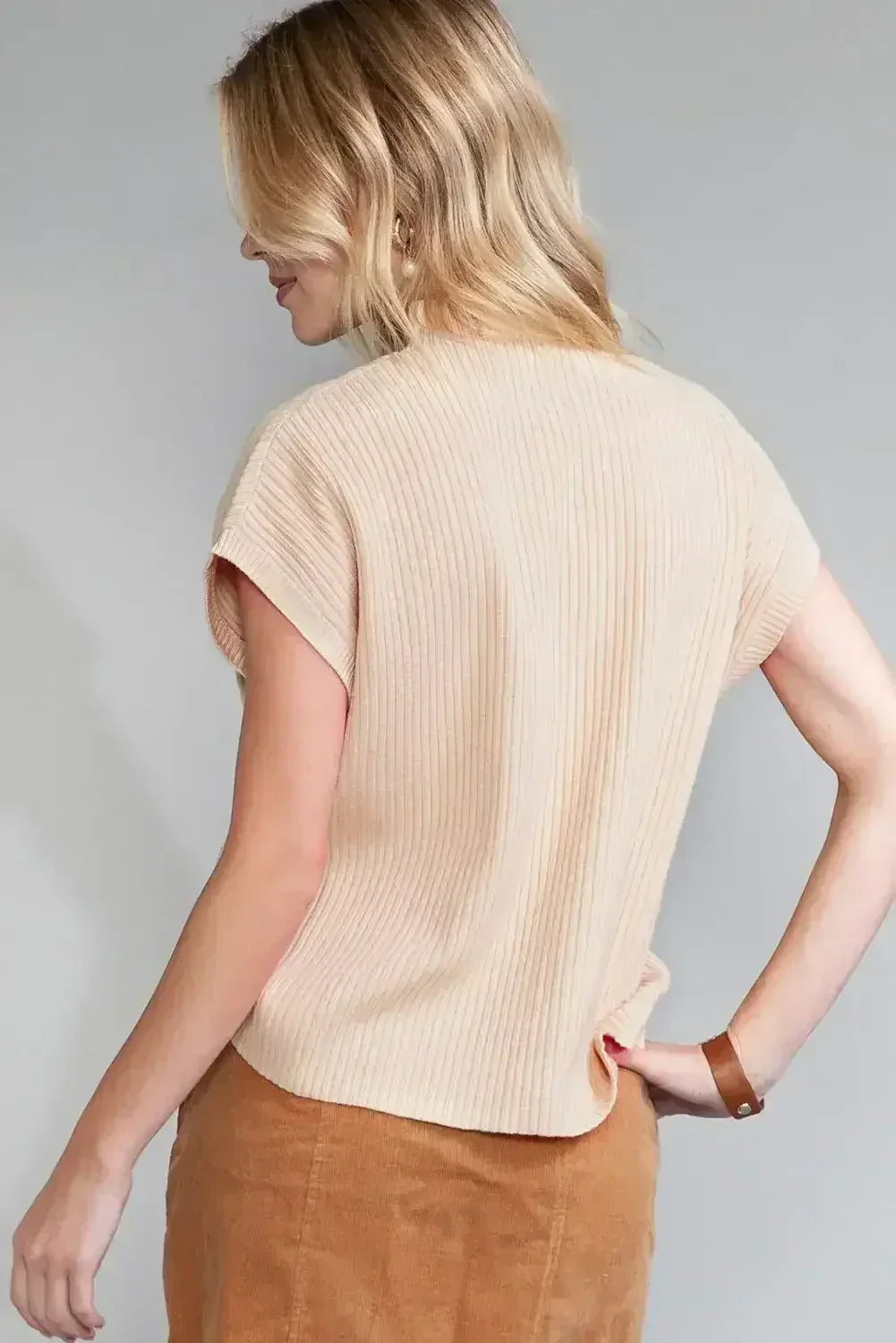 Mineral Red Patch Pocket Ribbed Knit Short Sleeve Sweater - Femstylo