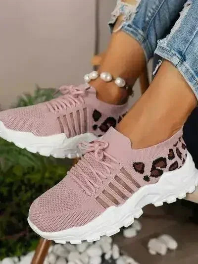 Cutout Leopard Lace Up Mesh Athletic - Femstylo