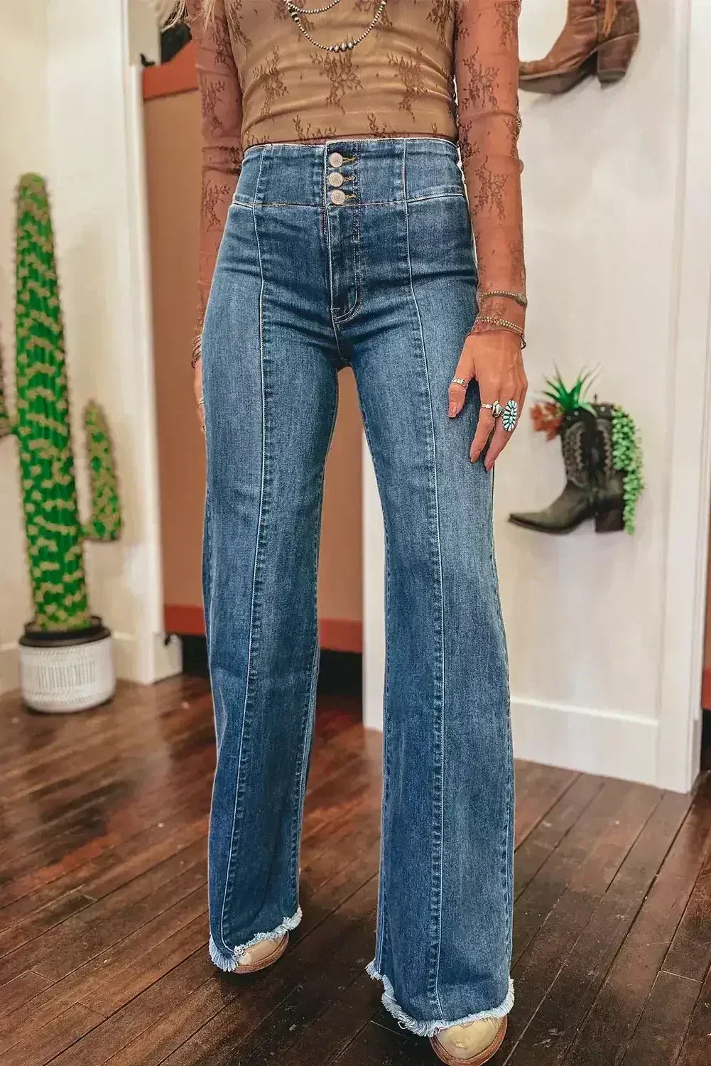 Sail Blue High Waist Button Raw Hem Jeans - Femstylo