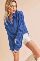 Aemi + Co Raw Edge Exposed Seam Collared Neck Long Sleeve Shirt