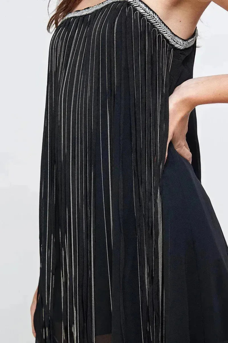 Chiffon A-Line Mini Dress with Metallic Fringe Detail