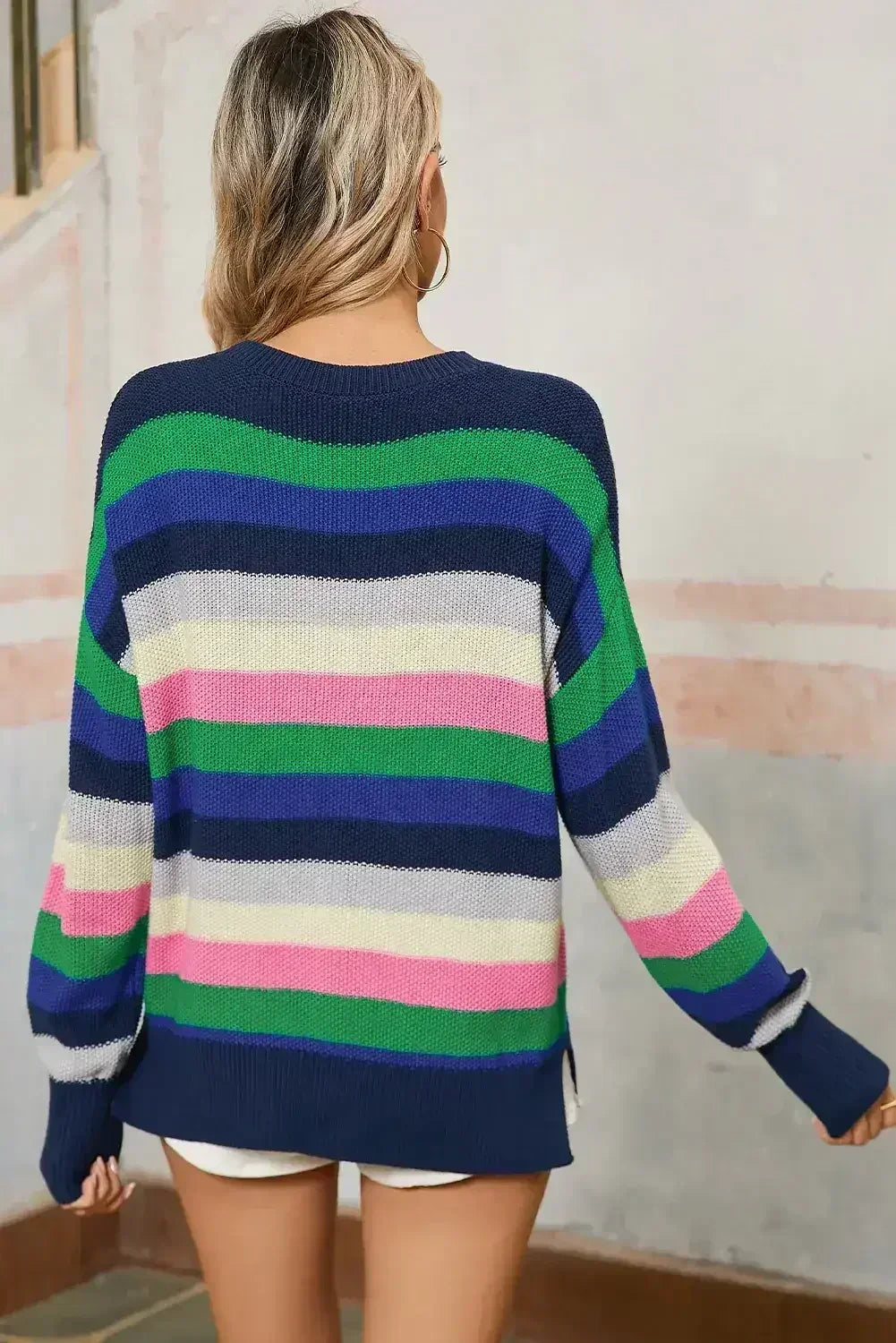 Bright Green Rainbow Striped Round Neck Drop Sleeve Sweater - Femstylo