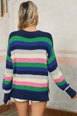 Bright Green Rainbow Striped Round Neck Drop Sleeve Sweater - Femstylo