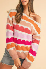 Yellow Wave Striped Balloon Sleeve Drop Shoulder Sweater - Femstylo