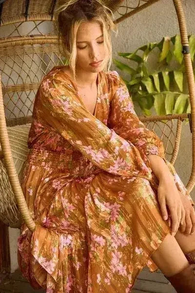 Mittoshop Flower Print Satin Lurex Stripe Smocked Midi Dress - Femstylo