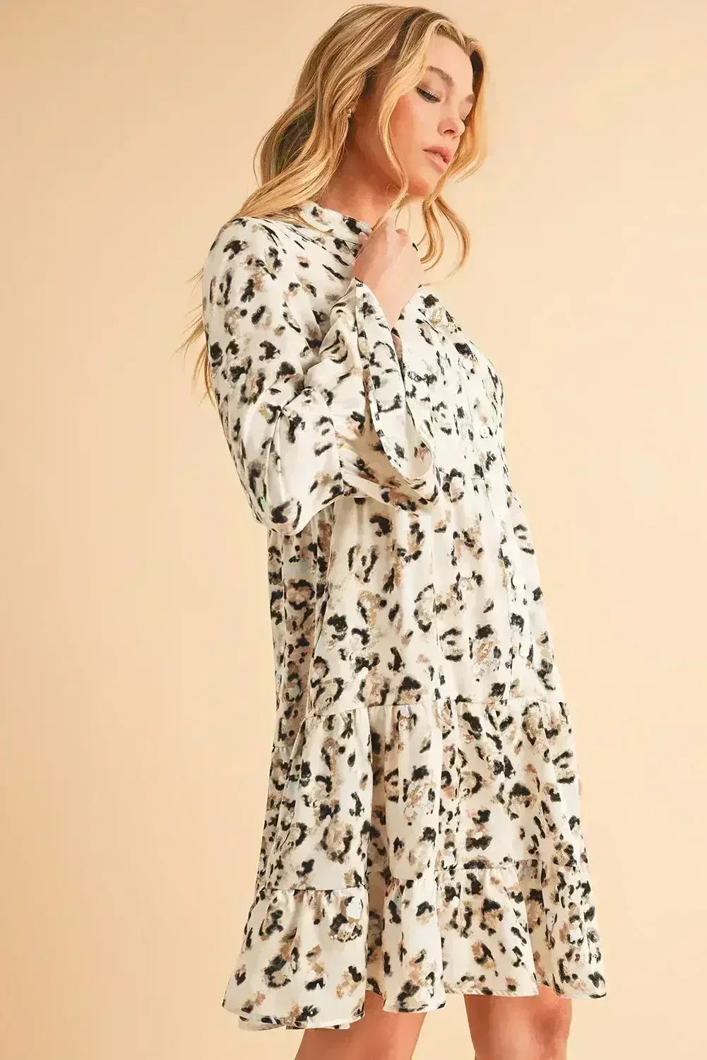 Black Leopard Button V Neck Flowy Mini Dress - Femstylo