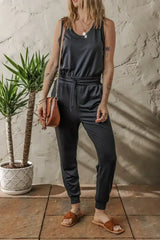 Black Casual Tank Style Tie Waist Pocketed Jogger Jumpsuit - Femstylo