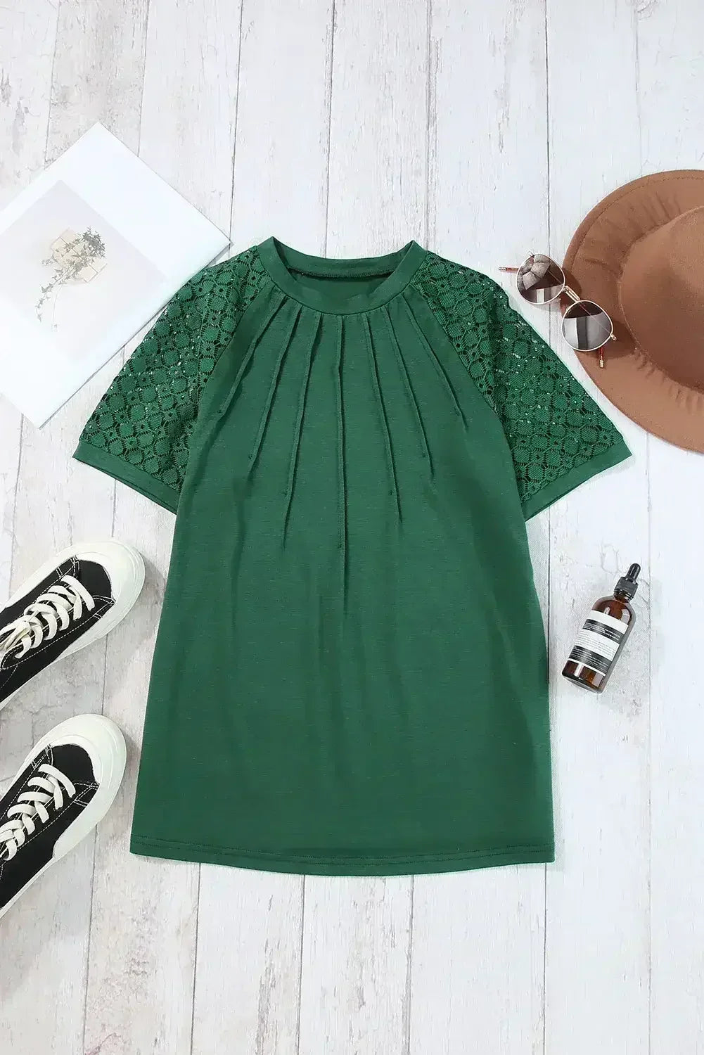 Pale Khaki Seamed Detail Contrast Lace Raglan Sleeve Tee - Femstylo