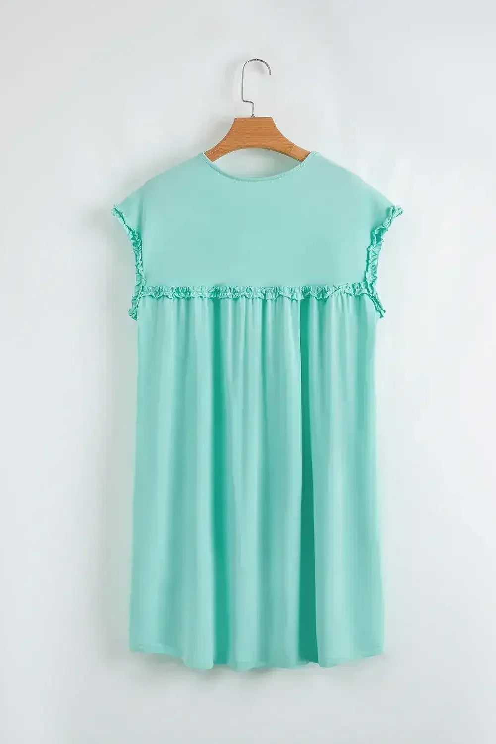 Oatmeal Frilled Trim Crewneck Loose Fit Mini Dress - Femstylo