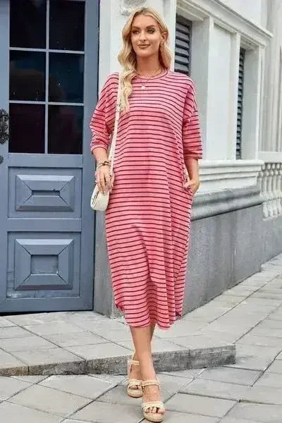Lovelet Contrast Striped Half Sleeve Midi Tee Dress - Femstylo