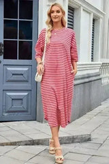 Lovelet Contrast Striped Half Sleeve Midi Tee Dress - Femstylo