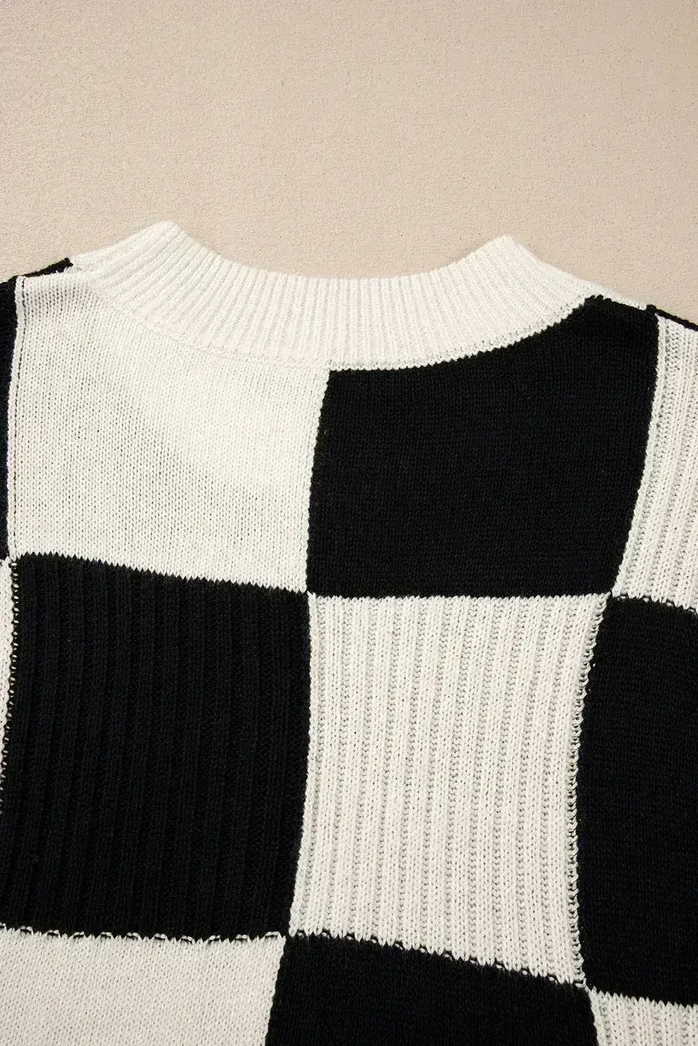 Light Blue Checkered Color Block Crew Neck Short Sleeve Sweater - Femstylo