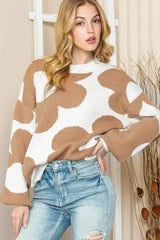Khaki 60s Floral Pattern Ribbed Trim Pullover Sweater - Femstylo