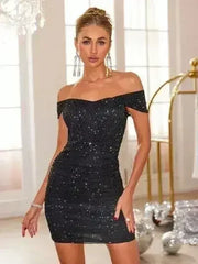 Glitter Ruched Off-Shoulder Mini Dress - Femstylo