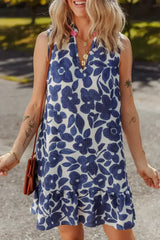 Blue Floral Sleeveless Notched V Neck Mini Dress - Femstylo