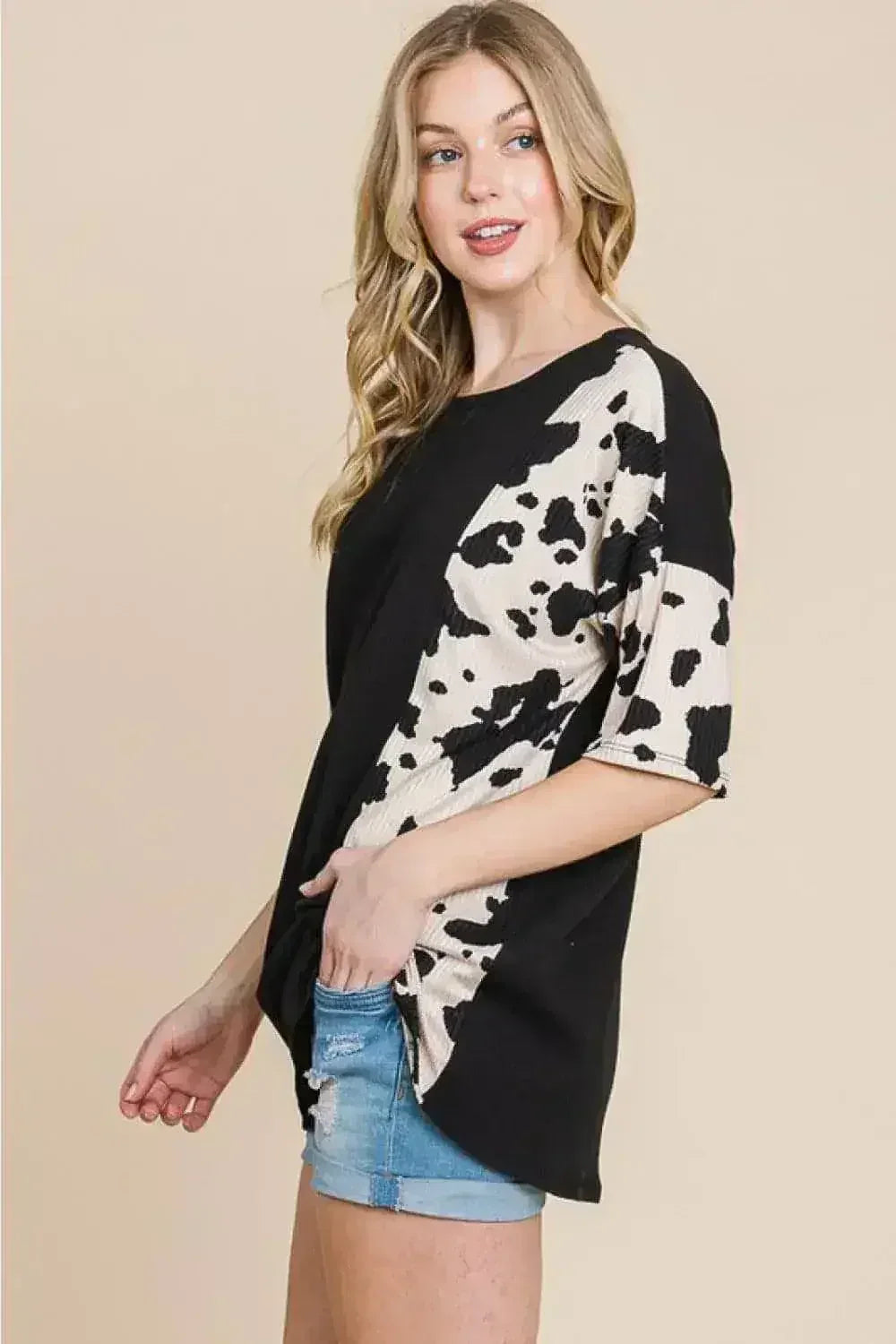 Animal Contrast Ribbed Tee - Edgy Women's Top | Femstylo - Femstylo