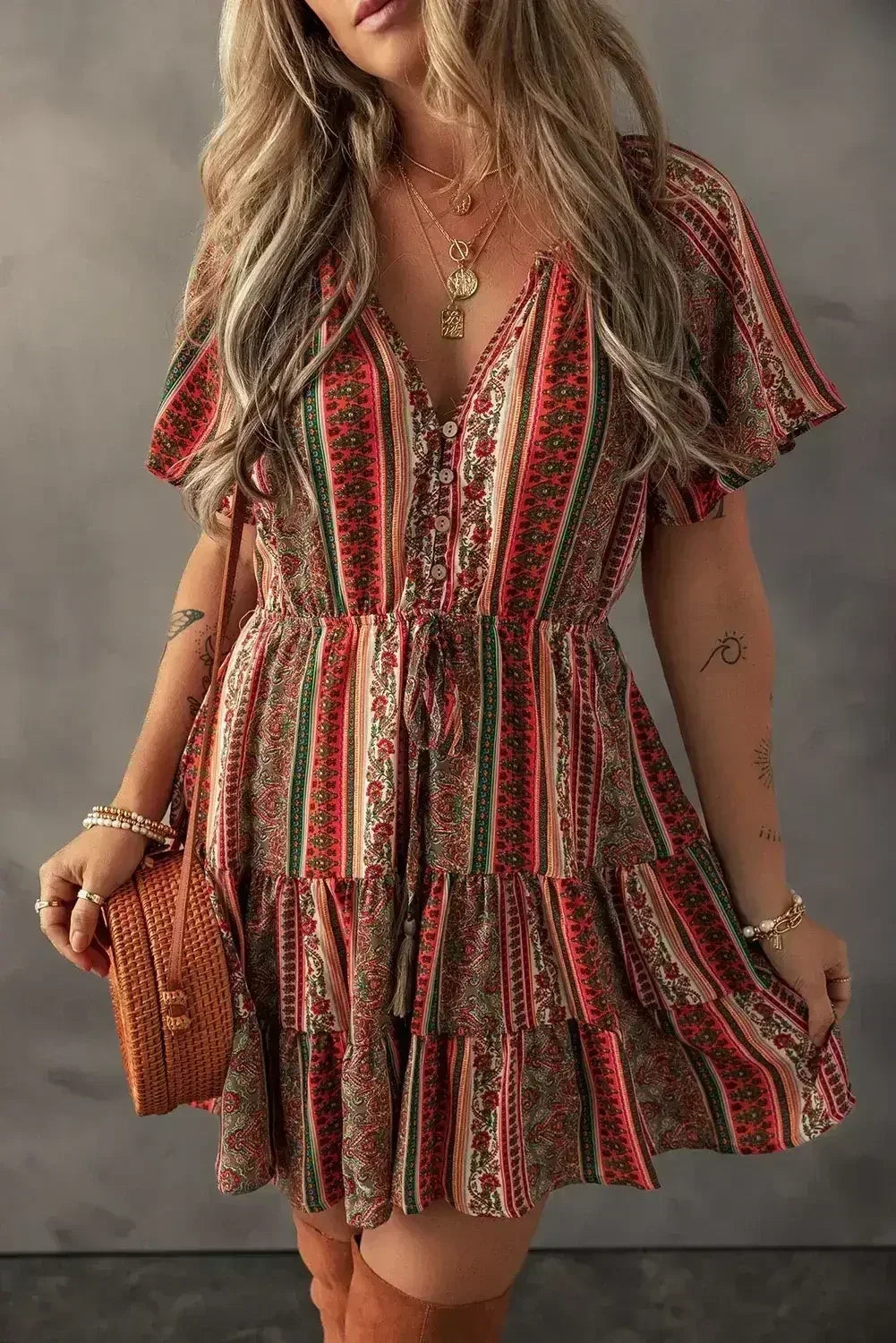 Red Bohemian Floral Print Buttoned V Neck Ruffle Tiered Dress - Femstylo