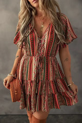 Red Bohemian Floral Print Buttoned V Neck Ruffle Tiered Dress - Femstylo
