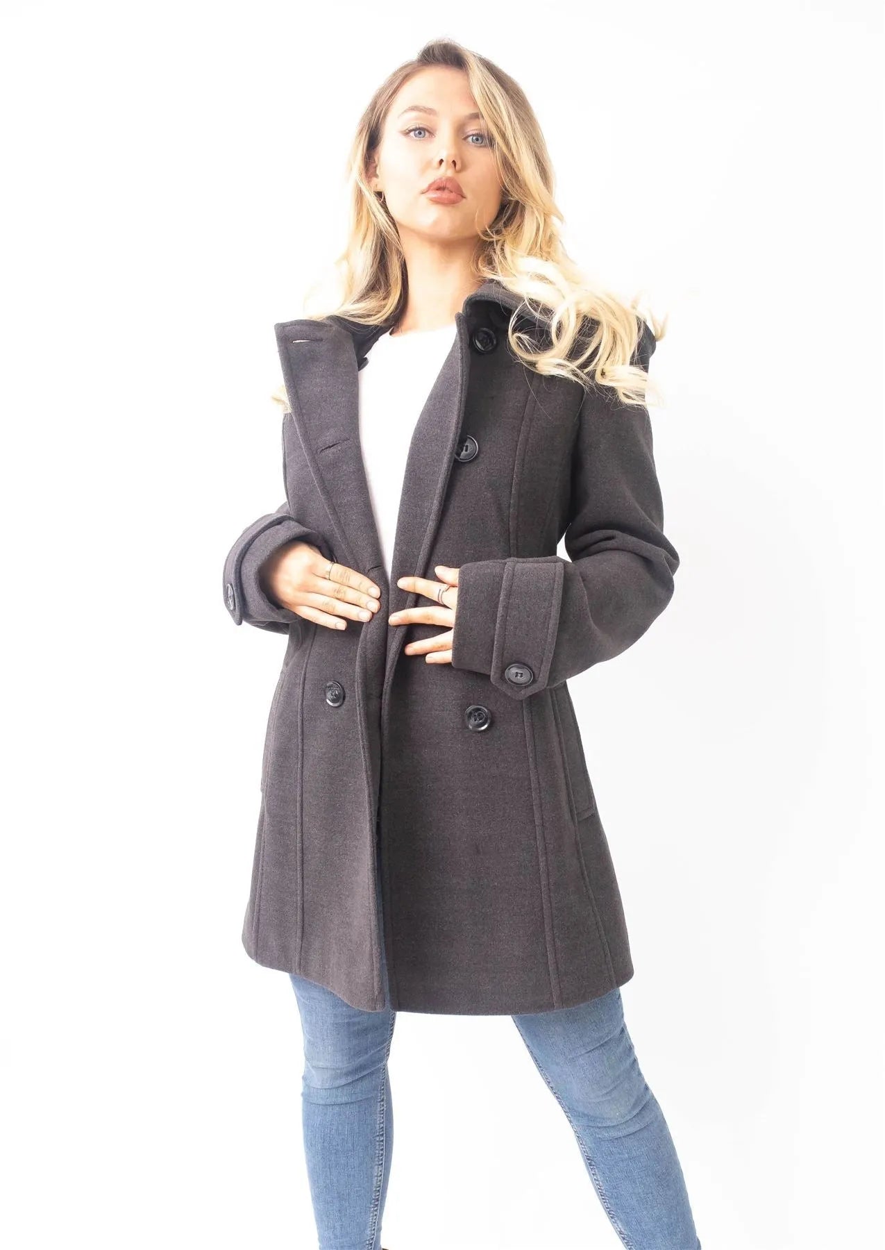 Wool Feel Double Breasted Hooded Coat