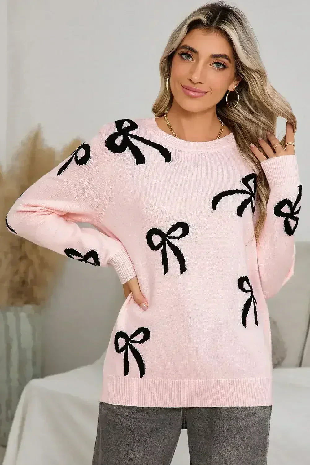 Light Pink Bow Print Long Sleeve Loose Fit Sweater - Femstylo