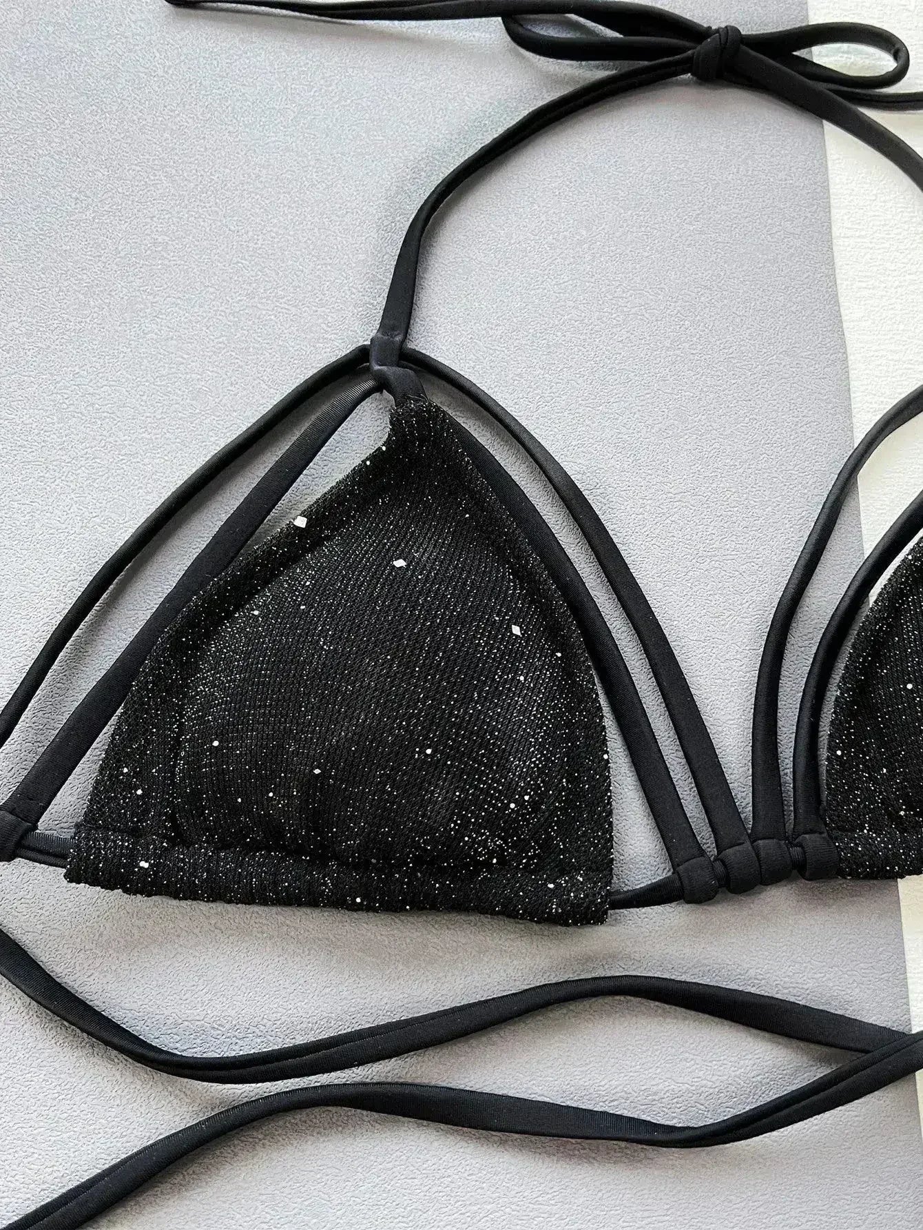 Glitter Halter Neck Strappy Two-Piece Bikini Set - Femstylo