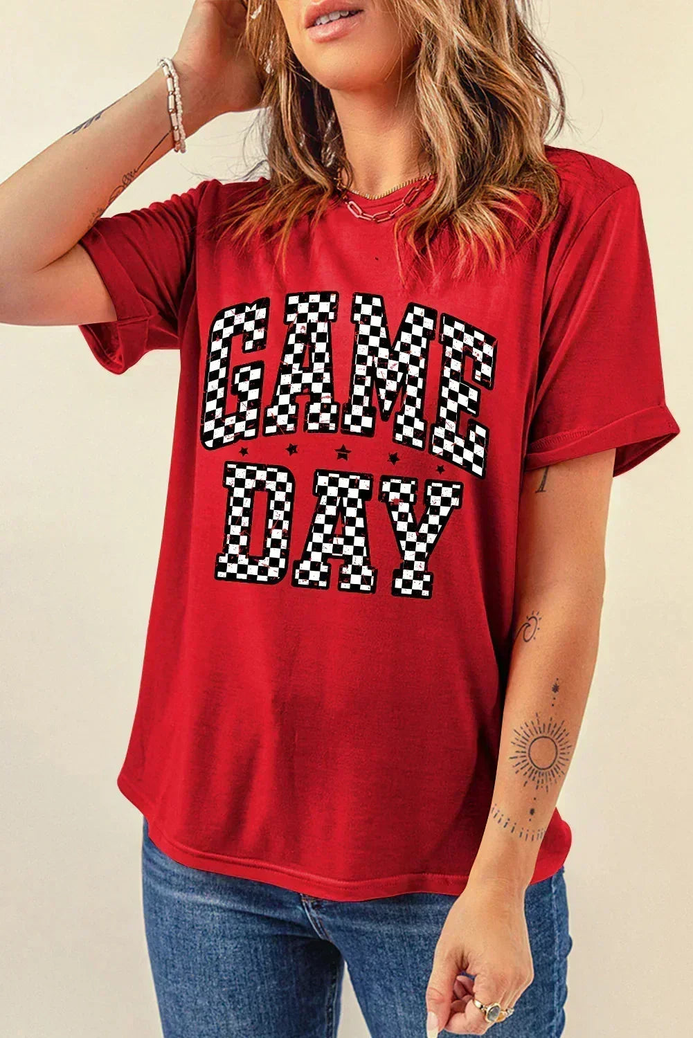 Red Checkered Game Day Graphic  Round T Shirt
