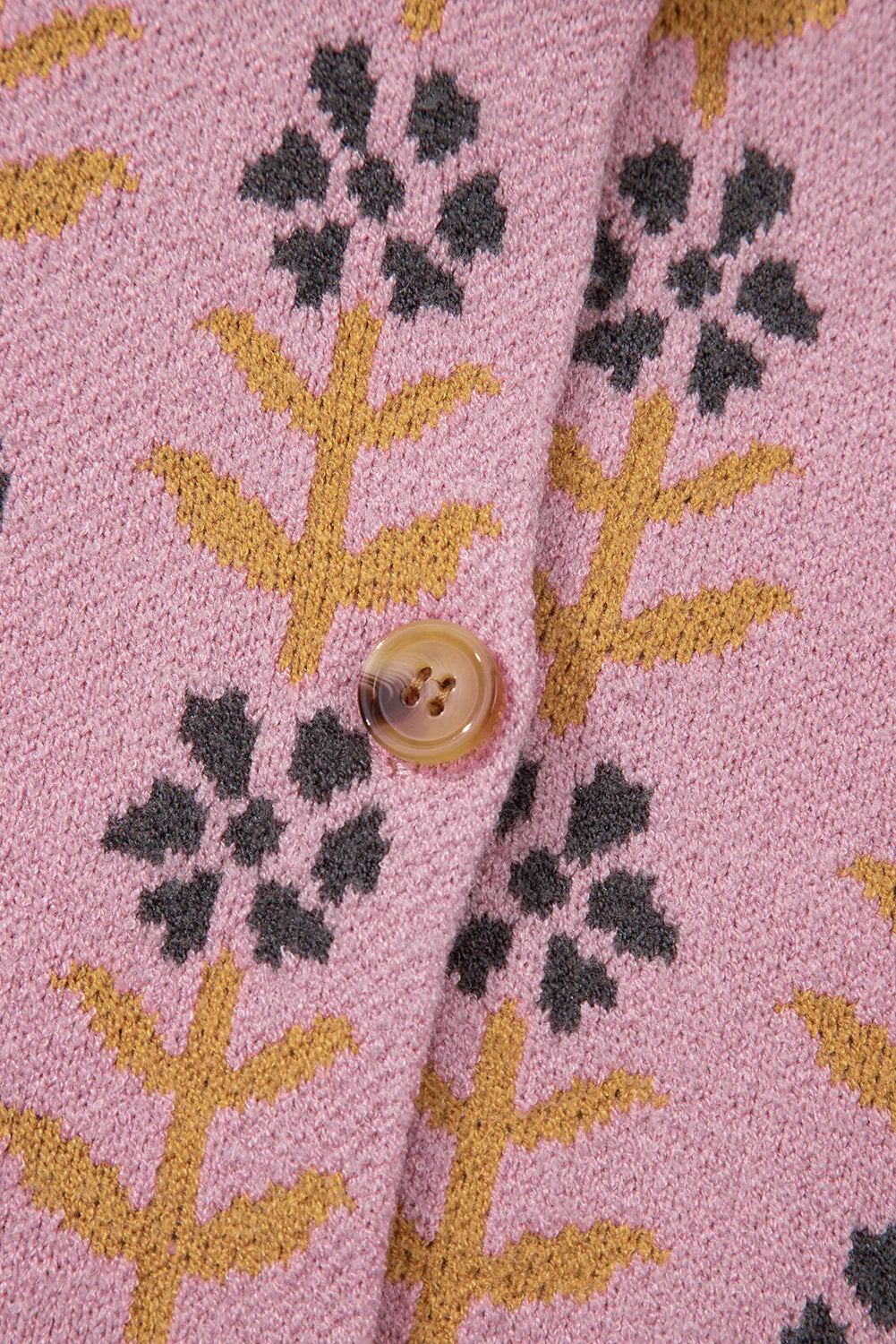Pink Floral Button Down Ribbed Trim Knit Cardigan