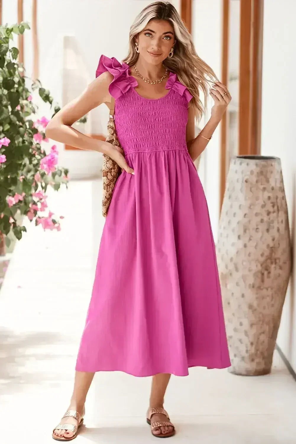 Rose Red Crinkled Ruffle Strap Smocked Midi Dress - Femstylo
