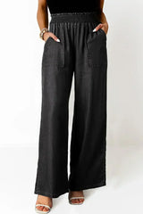 Black Side Pockets Frilled Smocked High Waist Wide Leg Jeans - Femstylo