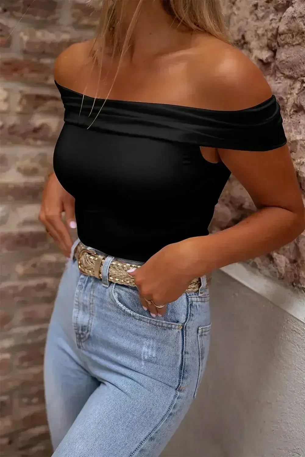 Bright Pink Folded Off Shoulder Slim Top - Femstylo