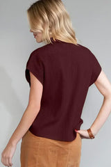 Mineral Red Patch Pocket Ribbed Knit Short Sleeve Sweater - Femstylo