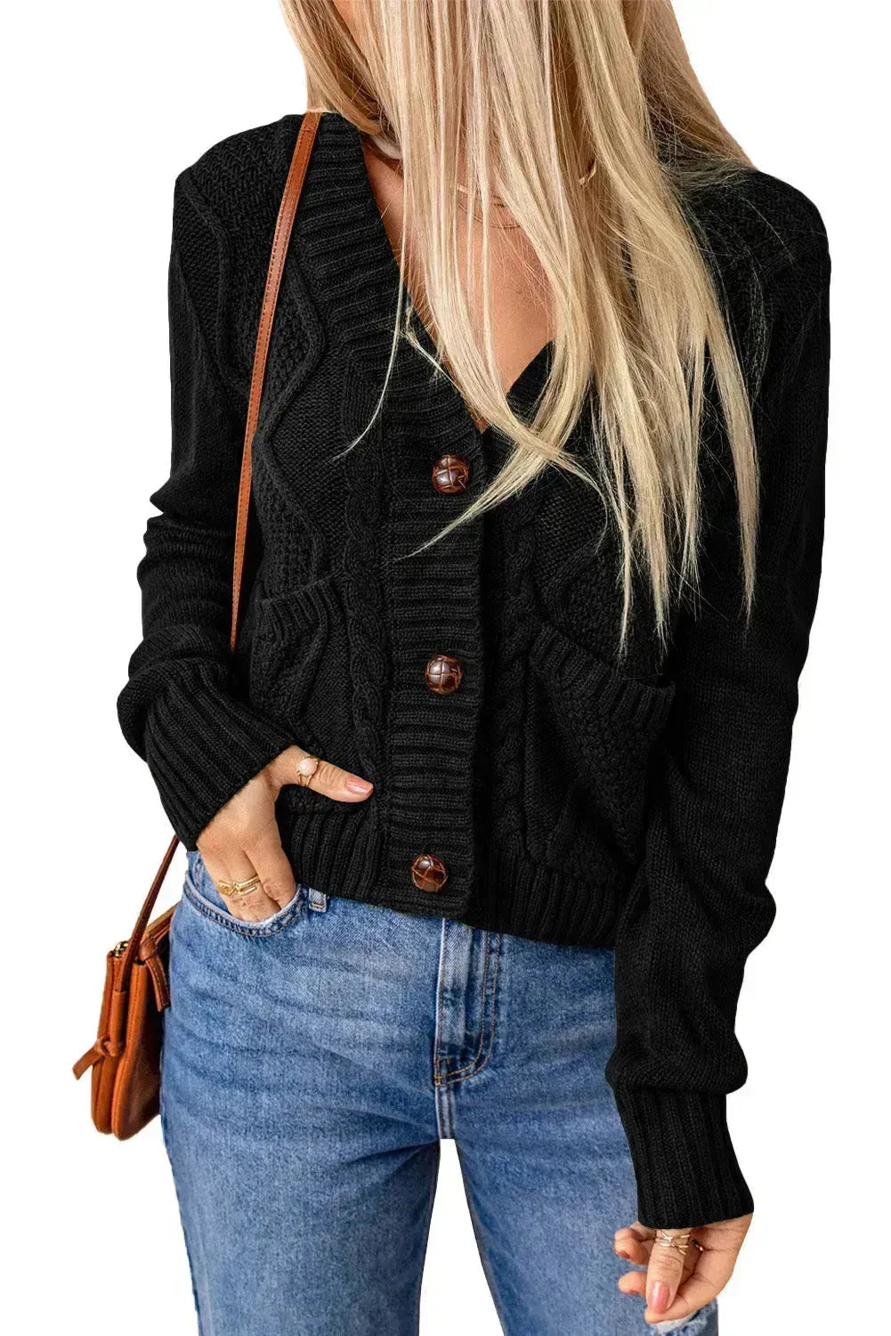 Textured Black Cardigan | Button-Front w/Pockets | Sizes S-3XL