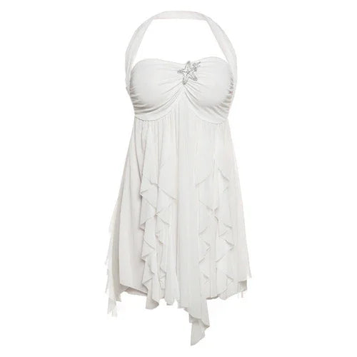 Ins Halter Neck Backless Dress Summer Sexy Printed Irregular Mesh